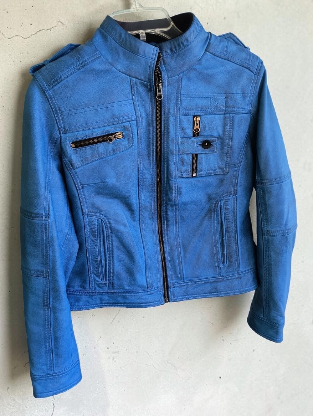 REAL LEATHER Blue Waxed Lambskin Leather Biker Style Jacket Size Large